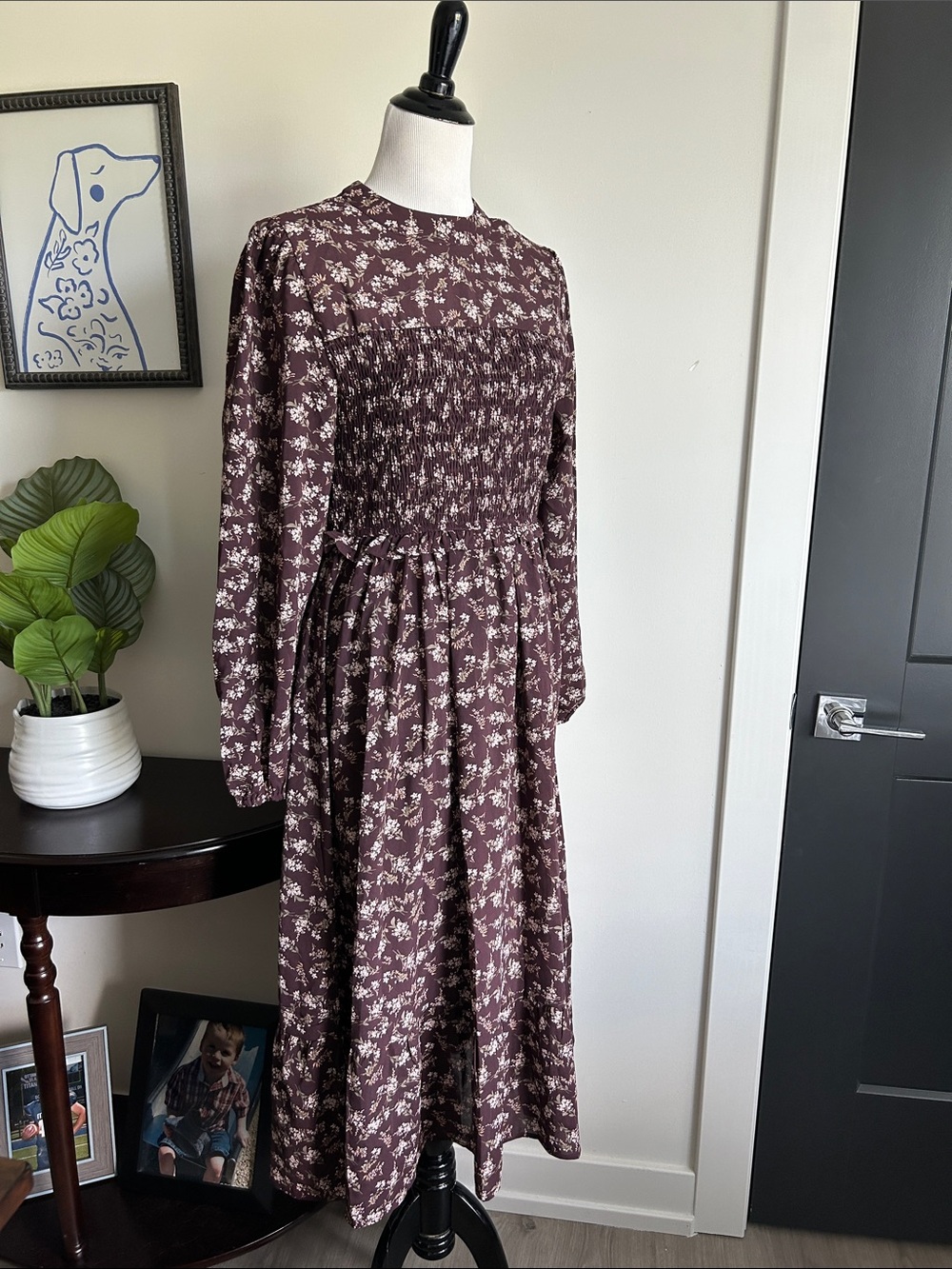 New in M never worn Floral Smocked Long-Sleeve fall Midi Dress in Deep Plum
